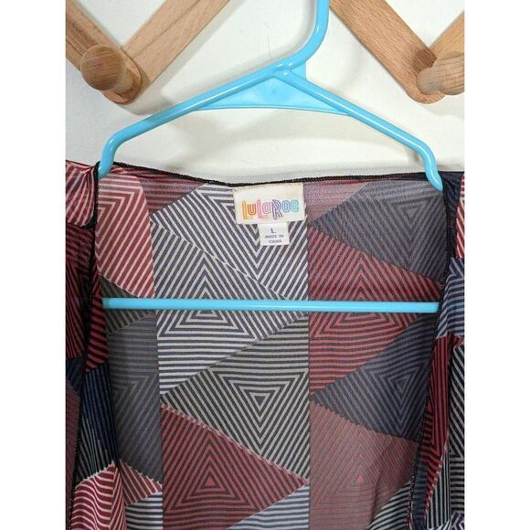Lularoe Geometric Red White Blue Grey Kimono with Black Fringe - Picture 5 of 9